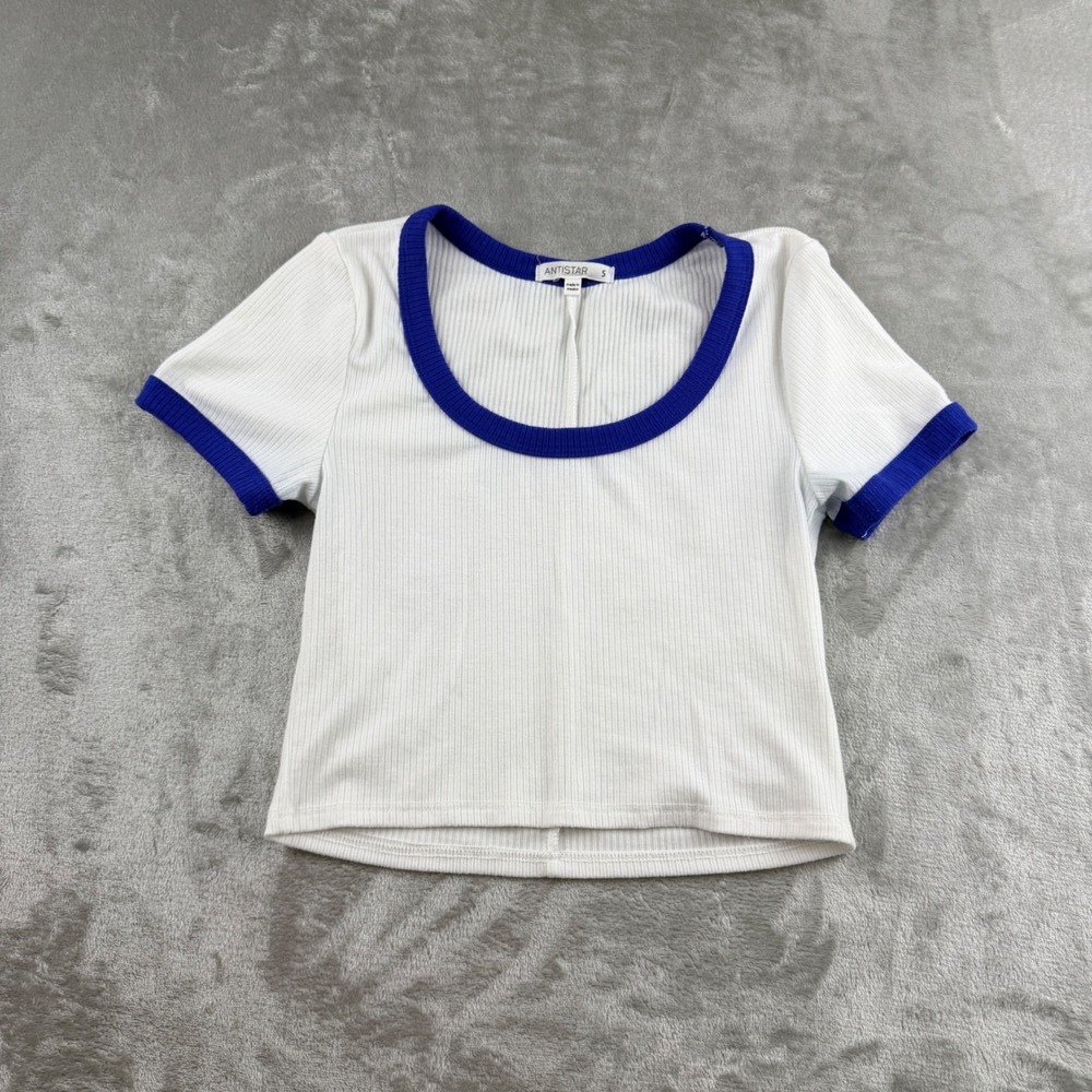 Antistar Women's S White Blue Ribbed Ringer Scoop Neck Crop Top T-Shirt AM1071
